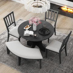 TREXM 5-piece Rustic Charm Round Dining Set with 3 Upholstered Chairs and Curved Bench for Dining Room, Kitchen and Living Room (Gray)
