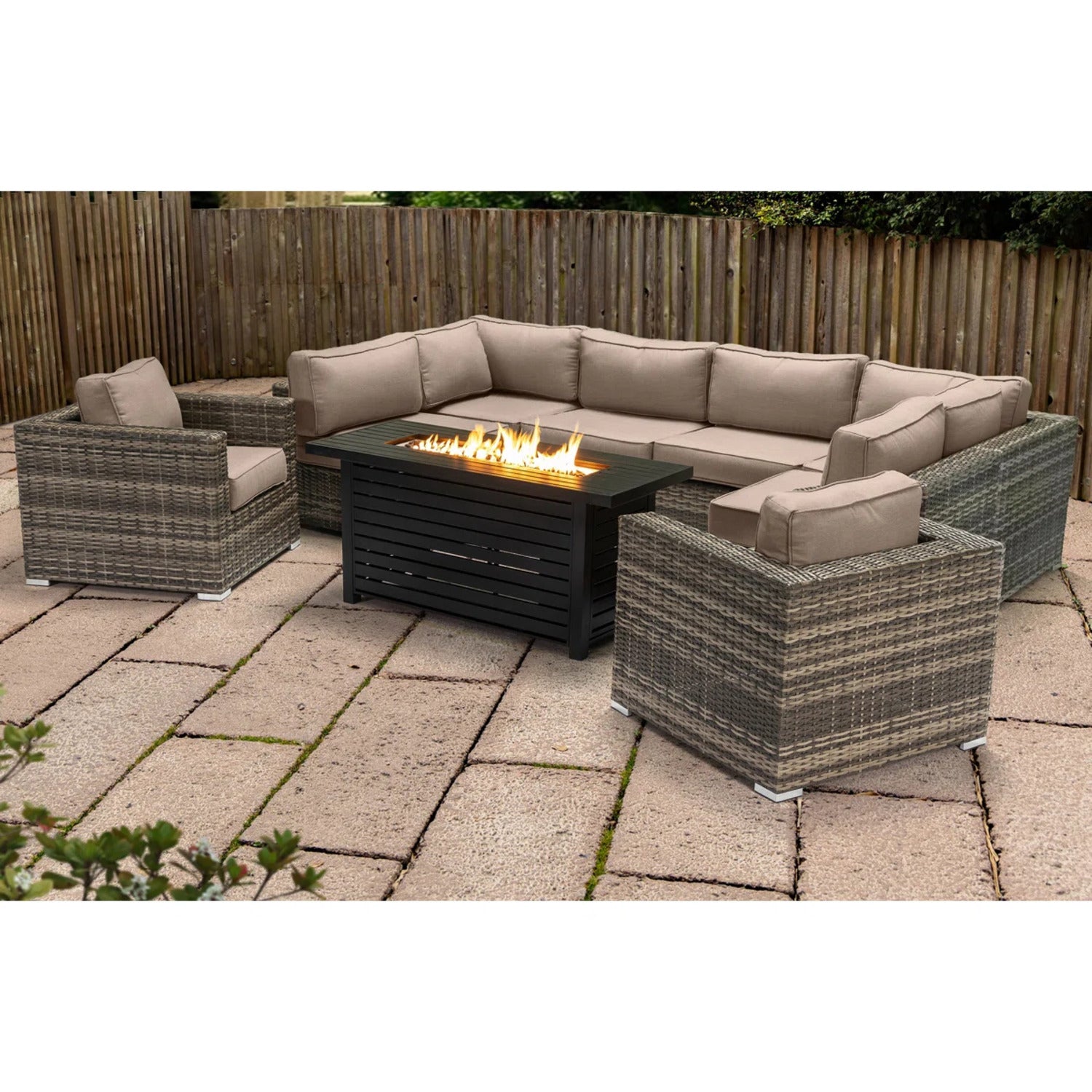 LSI 9-Piece Outdoor Sectional Set with Fire Pit Table and Cushions