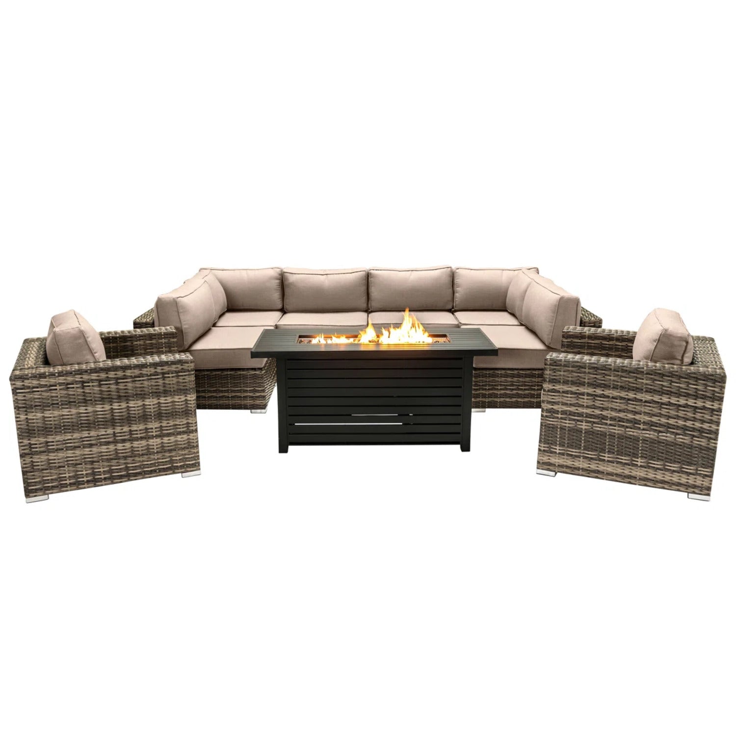 LSI 9-Piece Outdoor Sectional Set with Fire Pit Table and Cushions