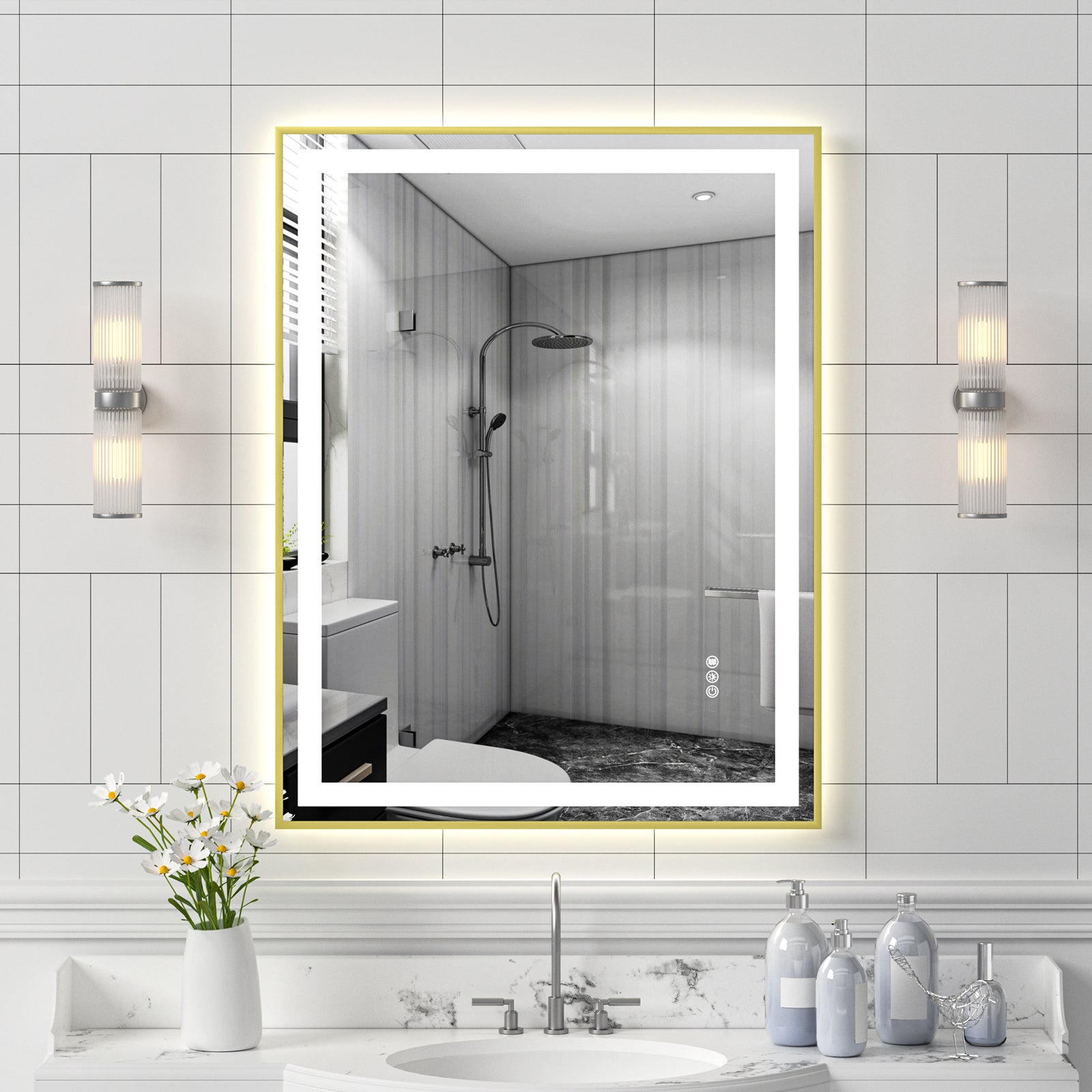 28x36" Gold Tempered MirrorDual LED Light StripsFront and Back Lighting