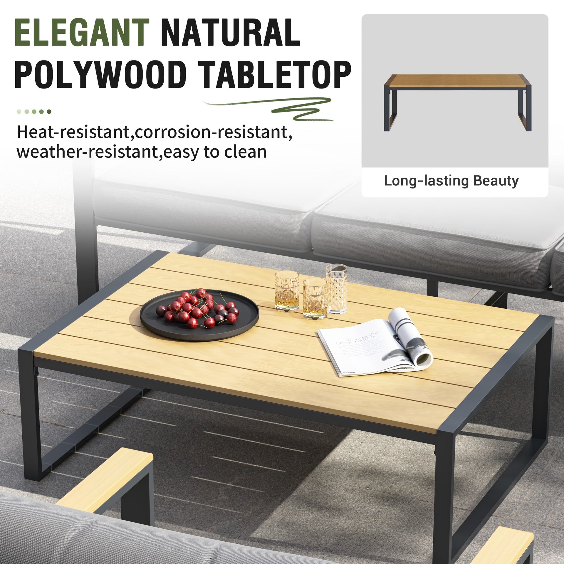 Outdoor 4 Pieces Furniture Sets Modern Iron Patio Conversation Sets Sofa w Grey Cushion Faux Wood Grain Frame Coffee Table for Garden Courtyard Poolside