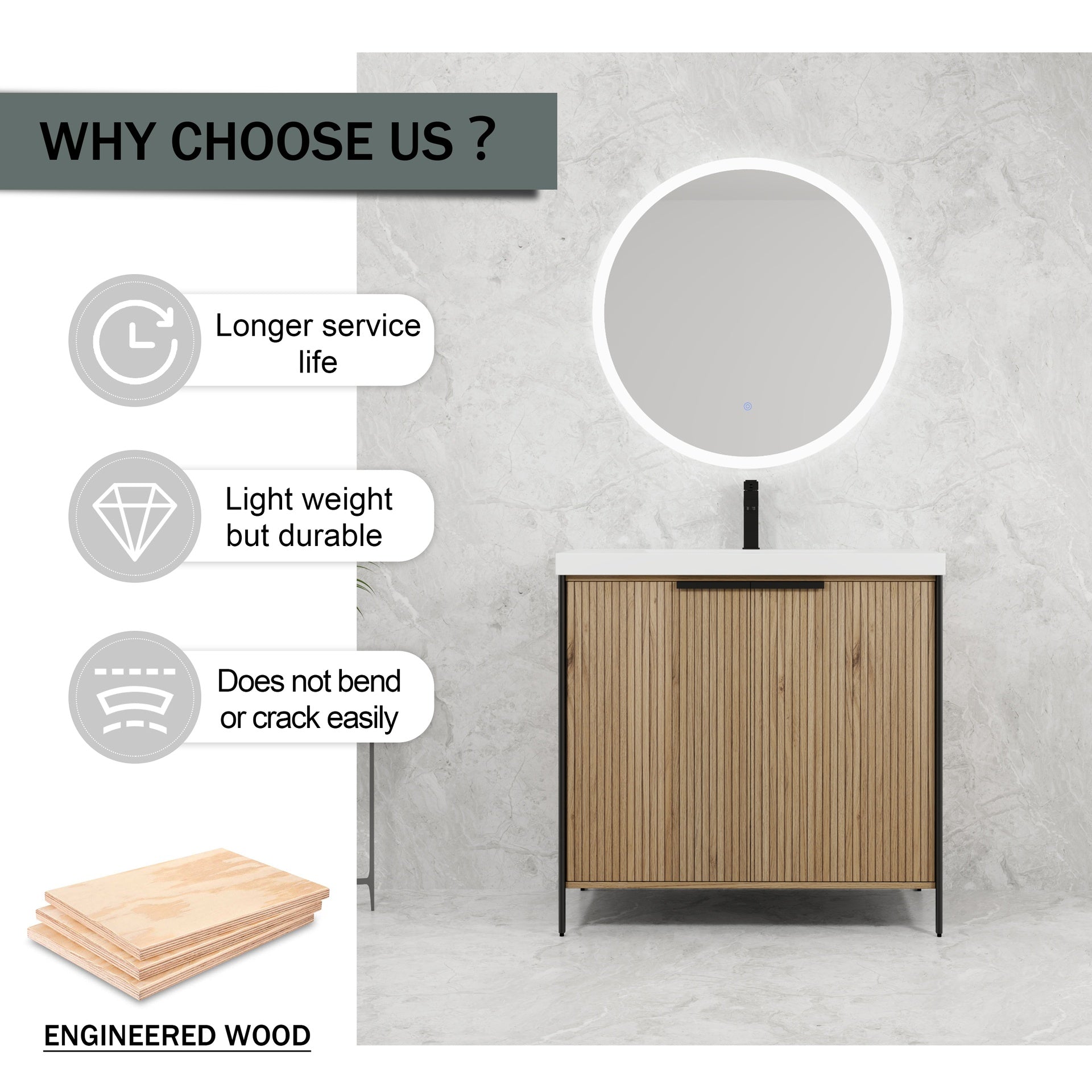 36" Freestanding Bathroom Vanity with Resin Sink & 2 Soft-Close Cabinet Doors (KD-Packing)