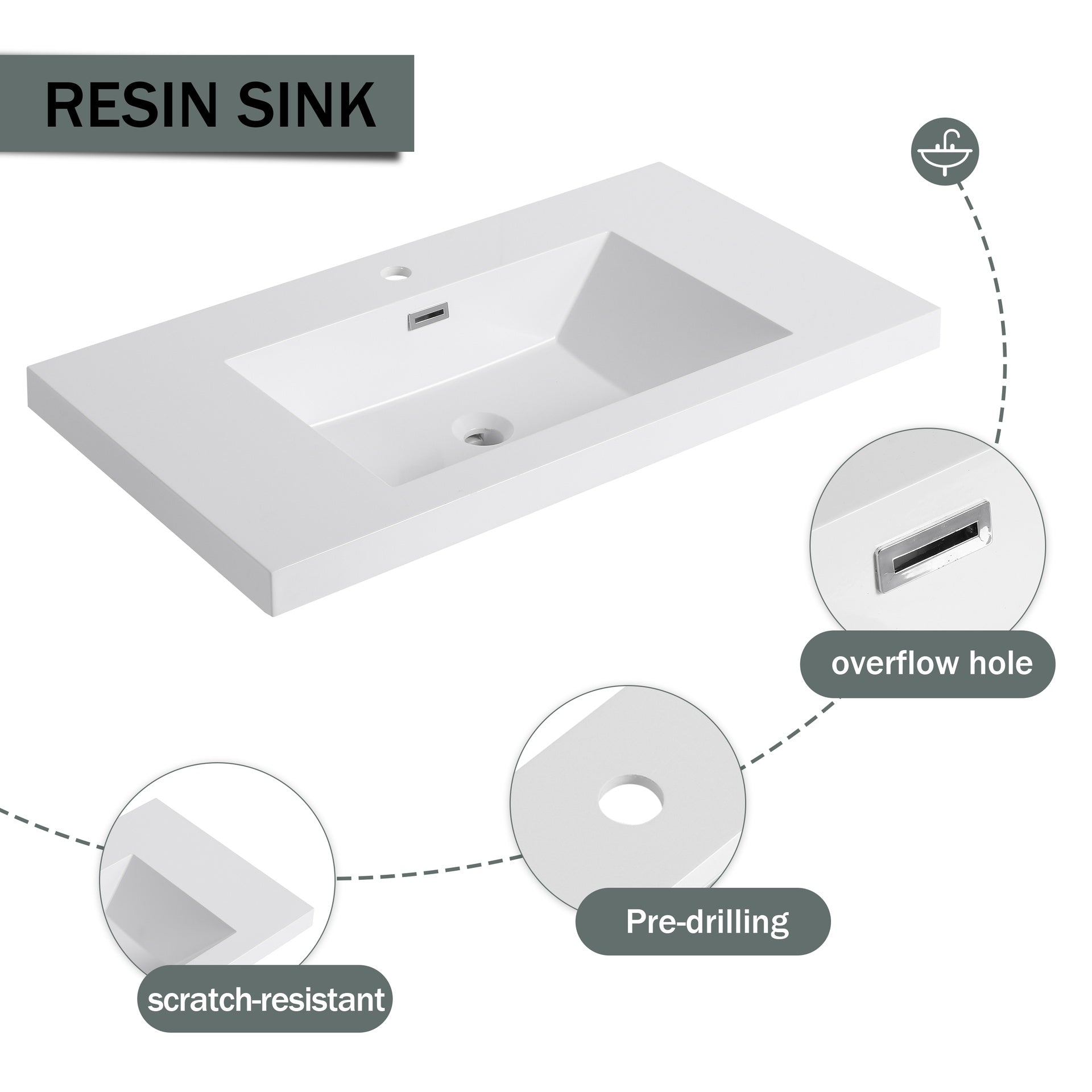 36" Freestanding Bathroom Vanity with Resin Sink & 2 Soft-Close Cabinet Doors (KD-Packing)