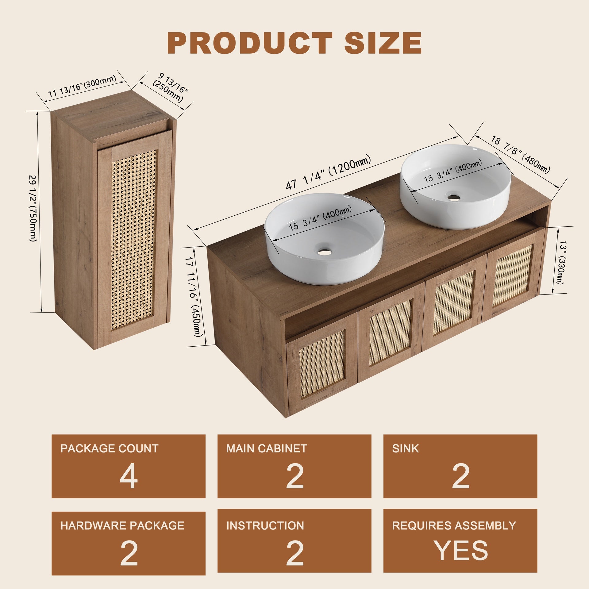 48" Bathroom Vanity with 2-Ceramic Art Sink and Side Cabinet, 4-Soft Close Door, Float Mounting Design, Plywood (KD-Packing)