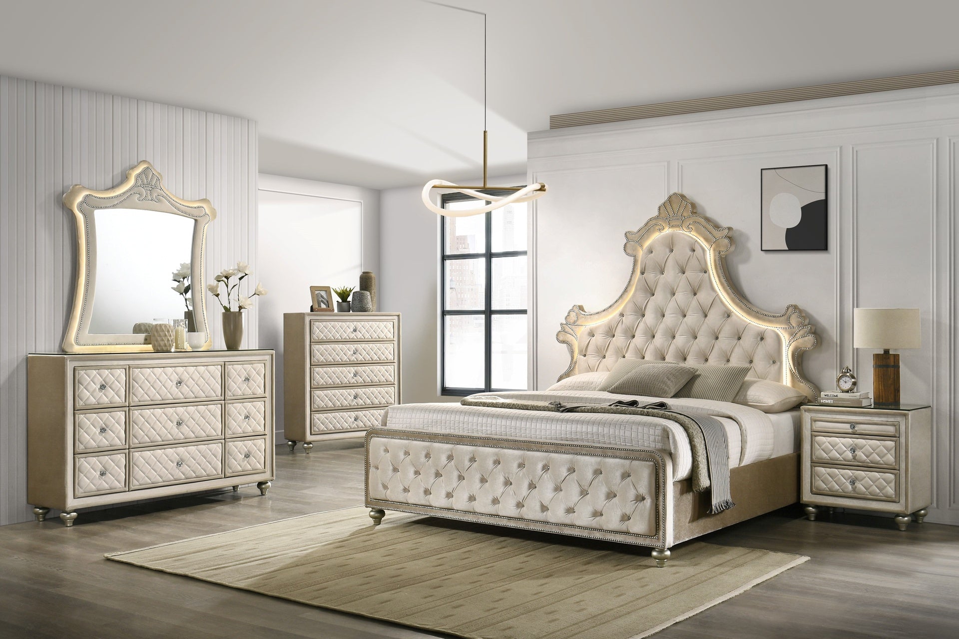 Lucienne Beige Velvet Queen Bed w/ LED Light