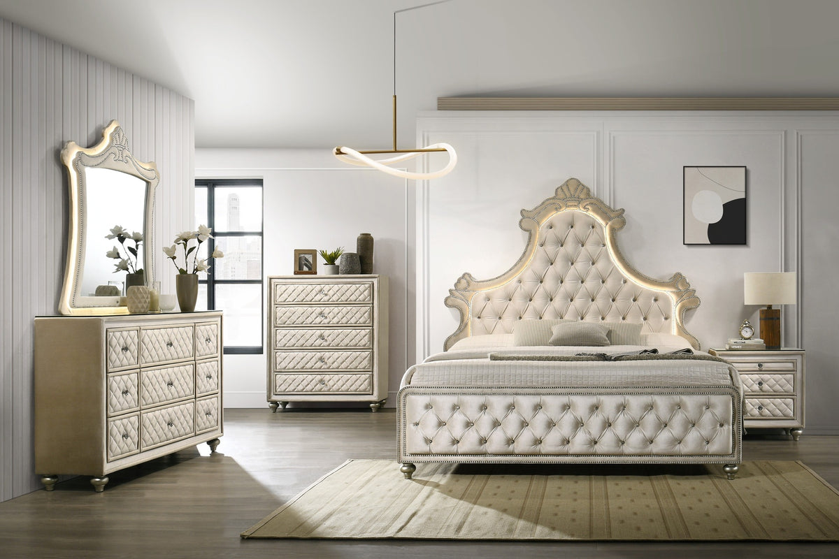 Lucienne Beige Velvet Queen Bed w/ LED Light