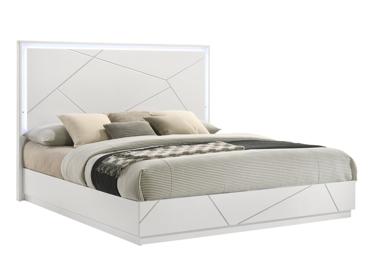 Manhattan Queen Bed – Contemporary Geometric Design with LED Lighting & High-Gloss Lacquer Finish, Durable Minimalist Style for Modern Bedrooms (CA Inventory)