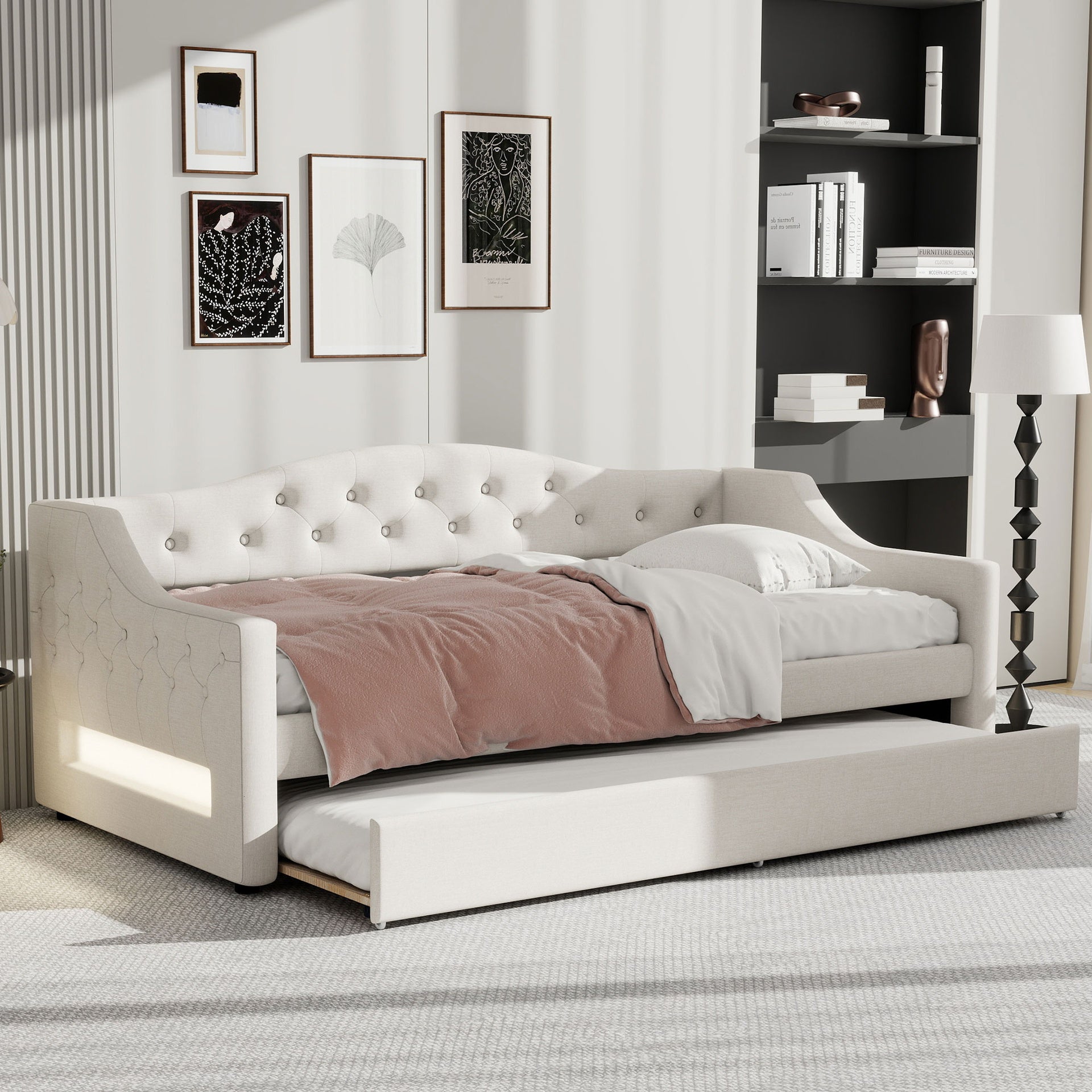 Upholstered Twin XL Size Daybed with LED Belt and Trundle, Beige