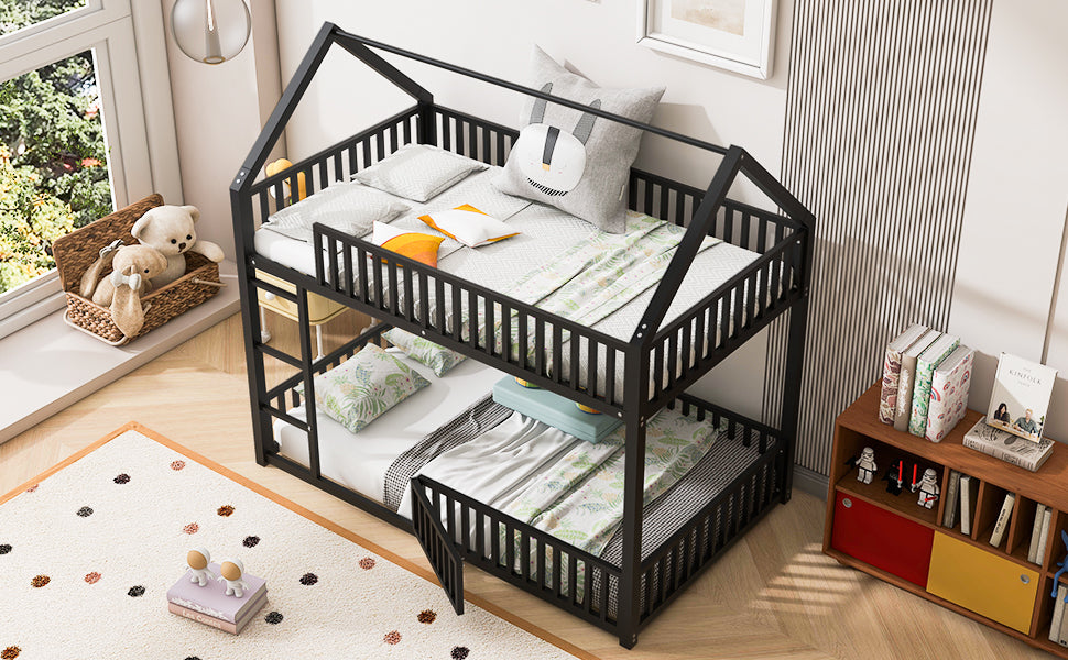 Metal Twin over Twin House Bunk Bed with Fence and Door, Black