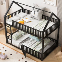 Metal Twin over Twin House Bunk Bed with Fence and Door, Black