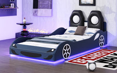 Wood Twin Size Race Car-Shaped Platform Bed with LED and Upholstered Backrest, Blue