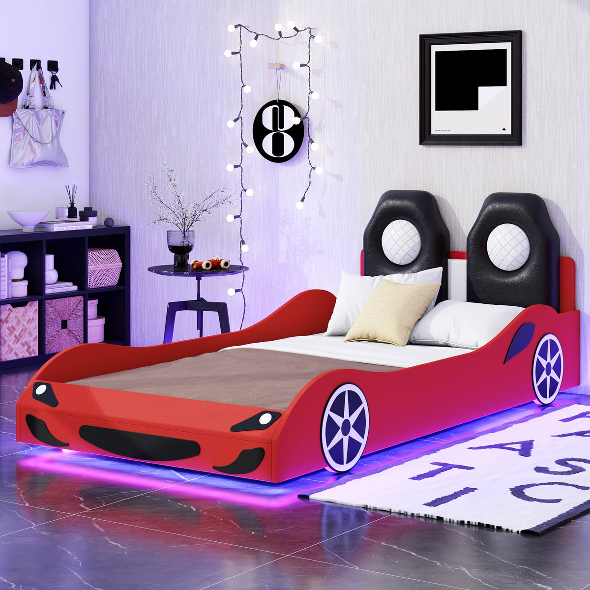 Wood Twin Size Race Car-Shaped Platform Bed with LED and Upholstered Backrest, Red