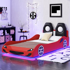 Wood Twin Size Race Car-Shaped Platform Bed with LED and Upholstered Backrest, Red