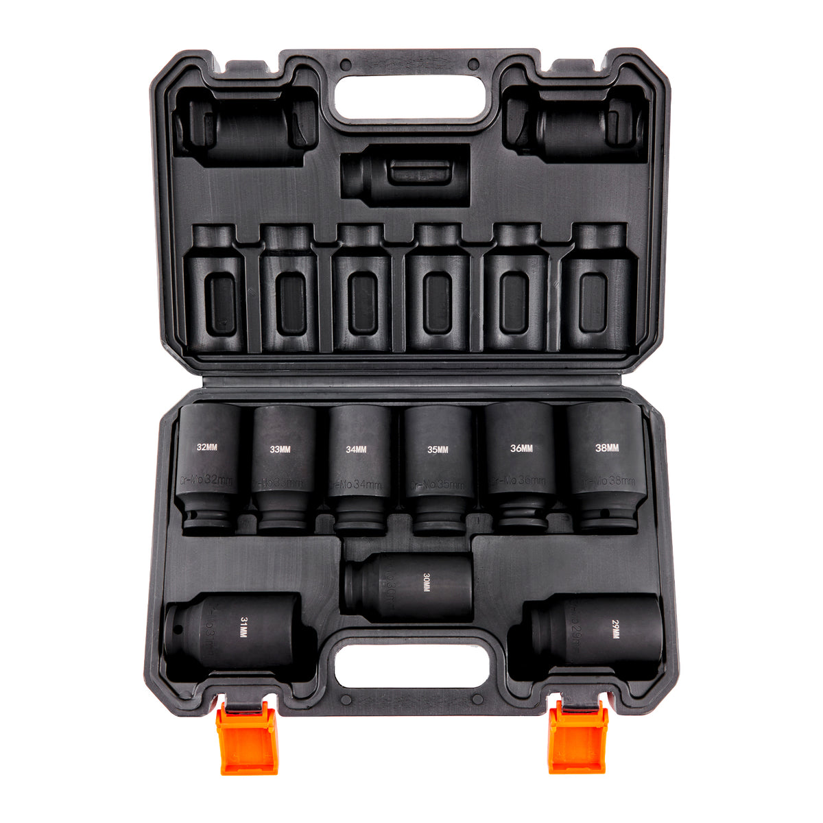 1/2" Drive Impact Socket Set, 9 Piece Deep Socket Set Metric 29-38mm, 6 Point Cr-Mo Alloy Steel for Auto Repair, Easy-to-Read Size Markings, Rugged Construction, Includes Storage Case