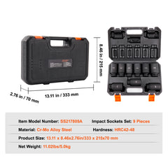 1/2" Drive Impact Socket Set, 9 Piece Deep Socket Set Metric 29-38mm, 6 Point Cr-Mo Alloy Steel for Auto Repair, Easy-to-Read Size Markings, Rugged Construction, Includes Storage Case