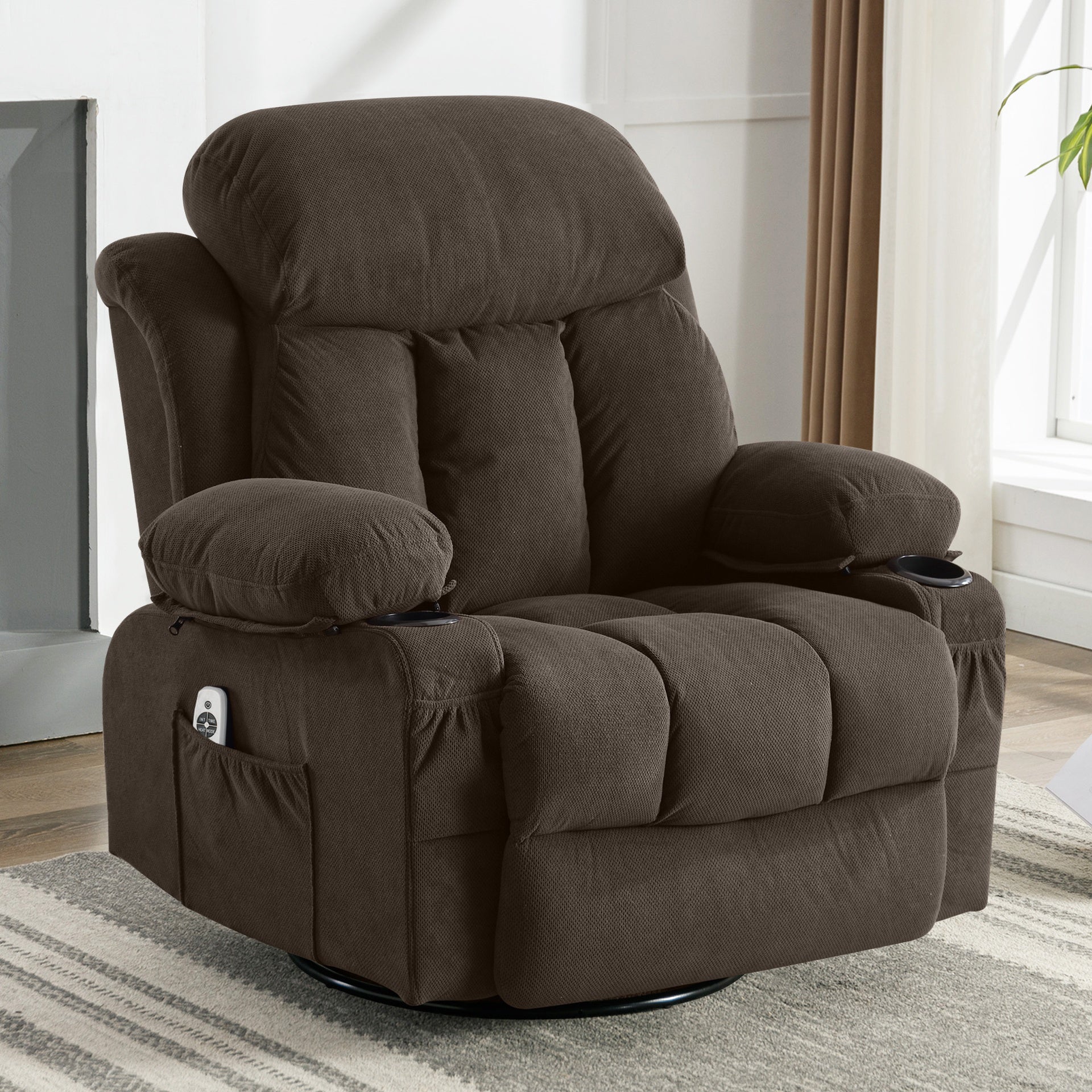 Swinging recliner massage heated sofa, with USB and 2 cup holders in side pockets, (Brown )