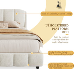 Queen Size Platform Bed with Boucle Fabric, Soft Boucle Fabric Upholstered Platform bed with Curve-Shaped Design Headboard, Beige, Easy Assembly