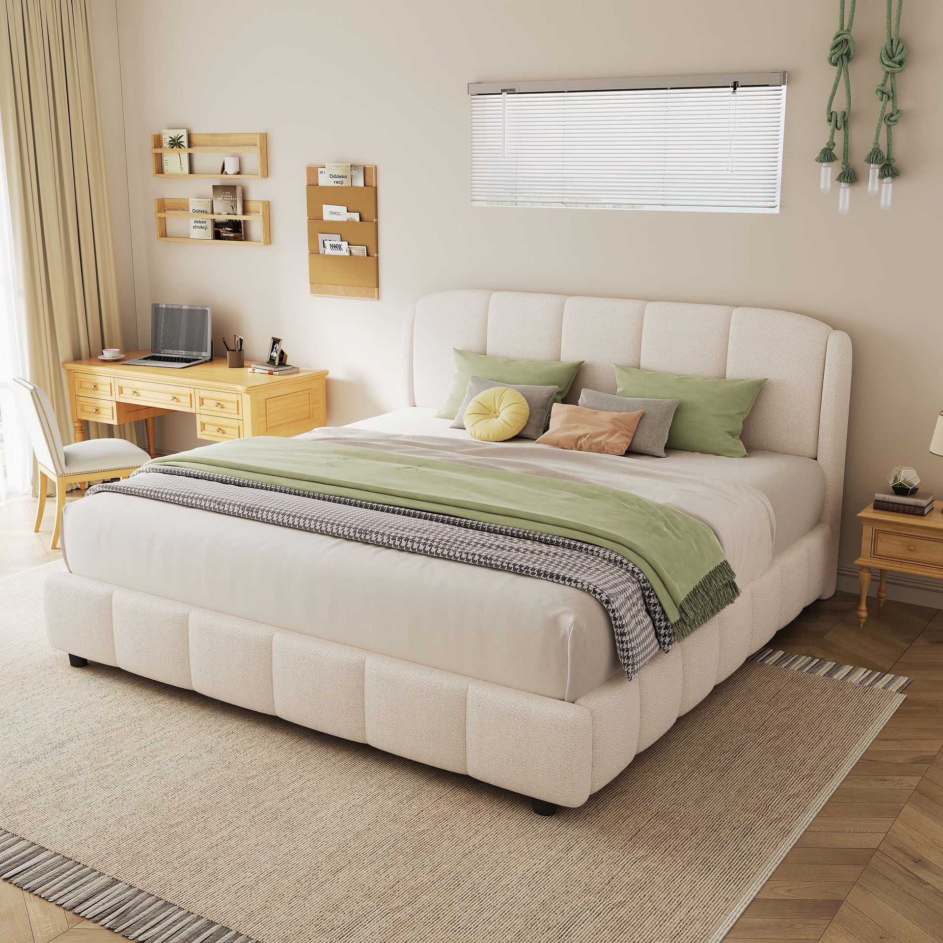 Queen Size Platform Bed with Boucle Fabric, Soft Boucle Fabric Upholstered Platform bed with Curve-Shaped Design Headboard, Beige, Easy Assembly