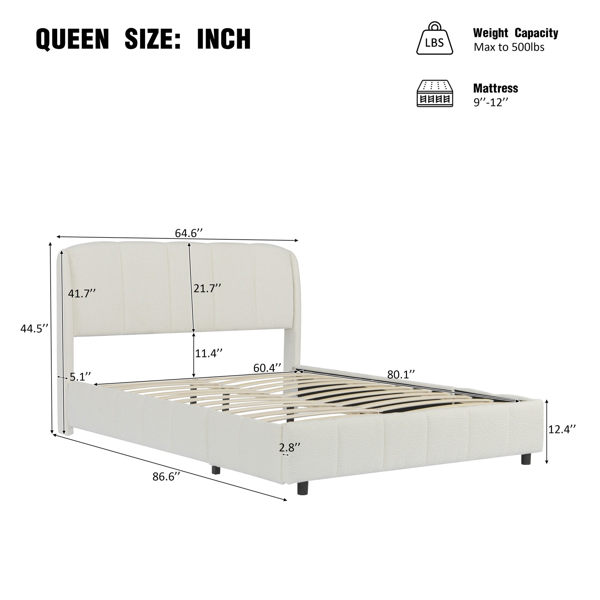 Queen Size Platform Bed with Boucle Fabric, Soft Boucle Fabric Upholstered Platform bed with Curve-Shaped Design Headboard, Beige, Easy Assembly