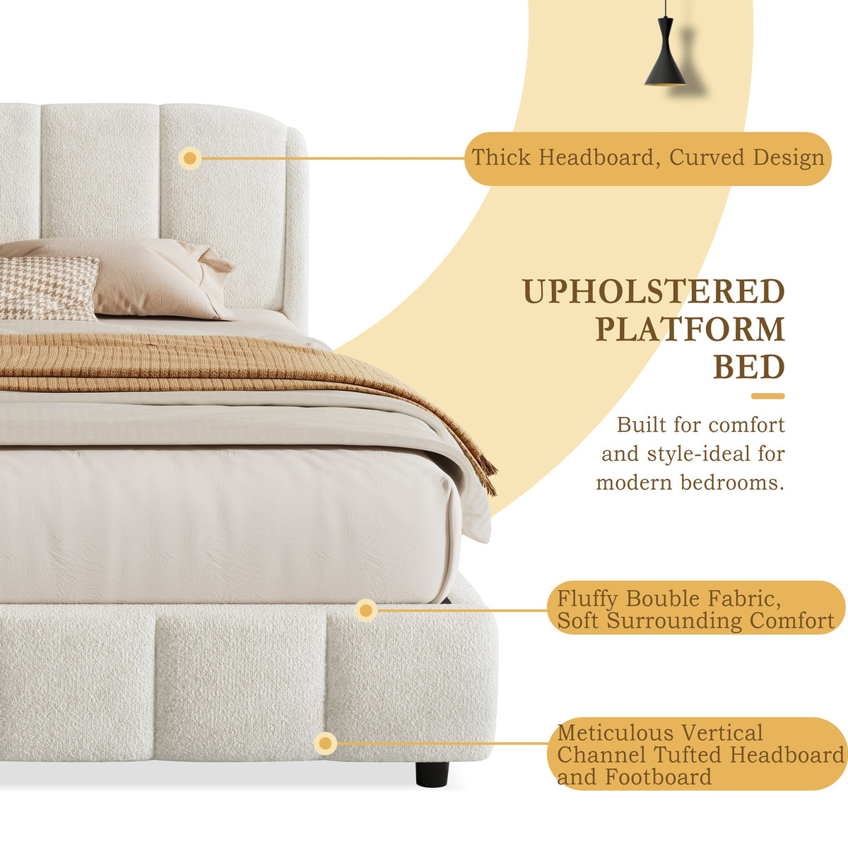 King Size Platform Bed with Boucle, Soft Boucle Fabric Upholstered Platform bed with Curve-Shaped Design Headboard, Beige