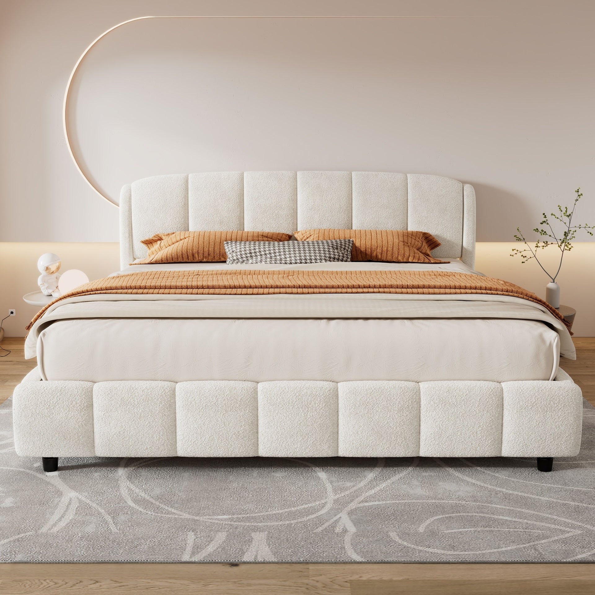 King Size Platform Bed with Boucle, Soft Boucle Fabric Upholstered Platform bed with Curve-Shaped Design Headboard, Beige