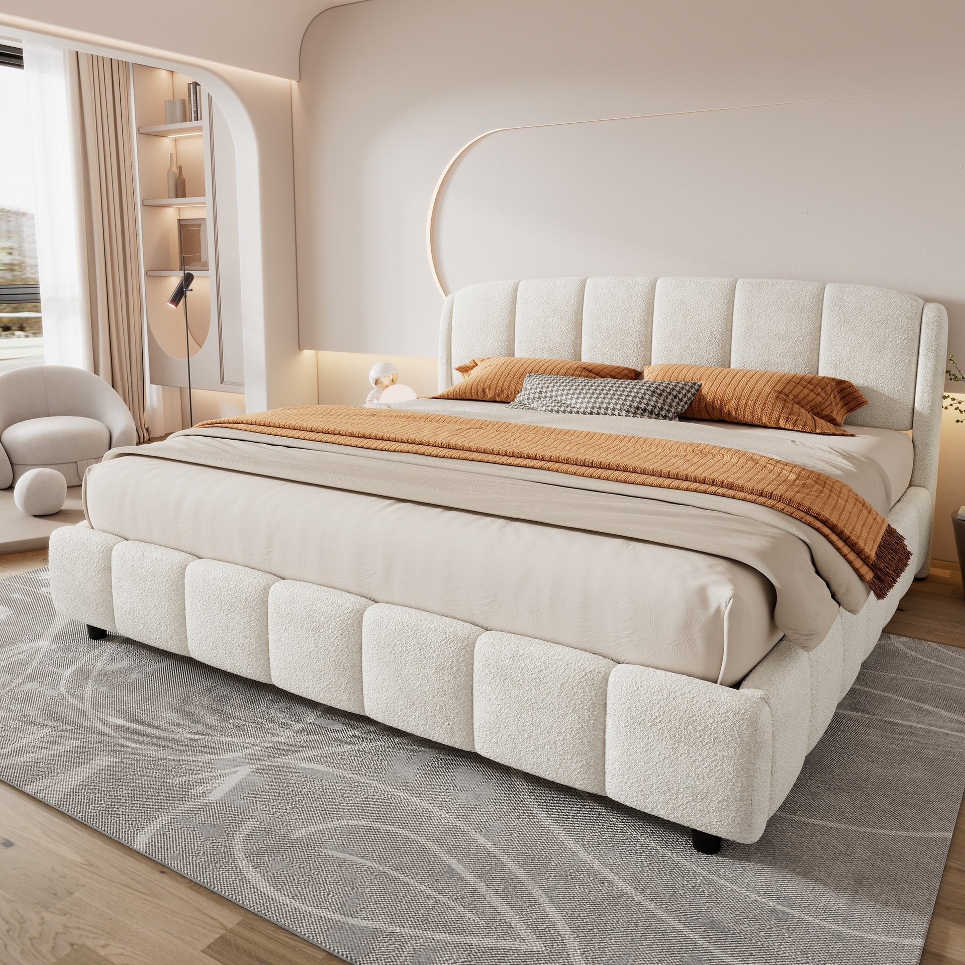 King Size Platform Bed with Boucle, Soft Boucle Fabric Upholstered Platform bed with Curve-Shaped Design Headboard, Beige