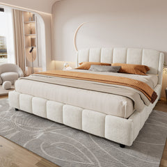 King Size Platform Bed with Boucle, Soft Boucle Fabric Upholstered Platform bed with Curve-Shaped Design Headboard, Beige