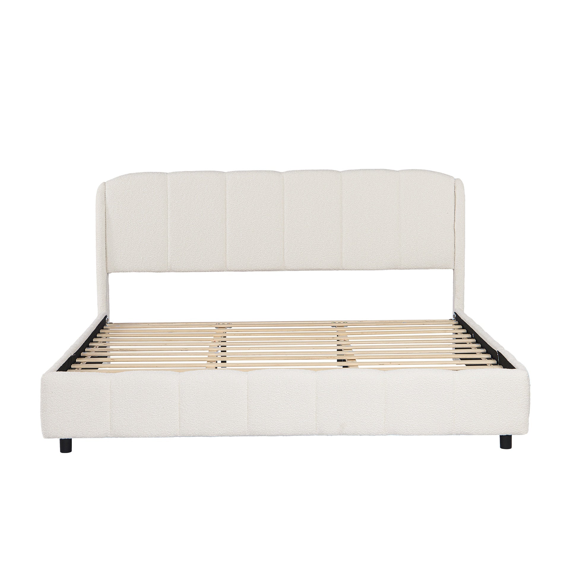 King Size Platform Bed with Boucle, Soft Boucle Fabric Upholstered Platform bed with Curve-Shaped Design Headboard, Beige