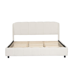King Size Platform Bed with Boucle, Soft Boucle Fabric Upholstered Platform bed with Curve-Shaped Design Headboard, Beige