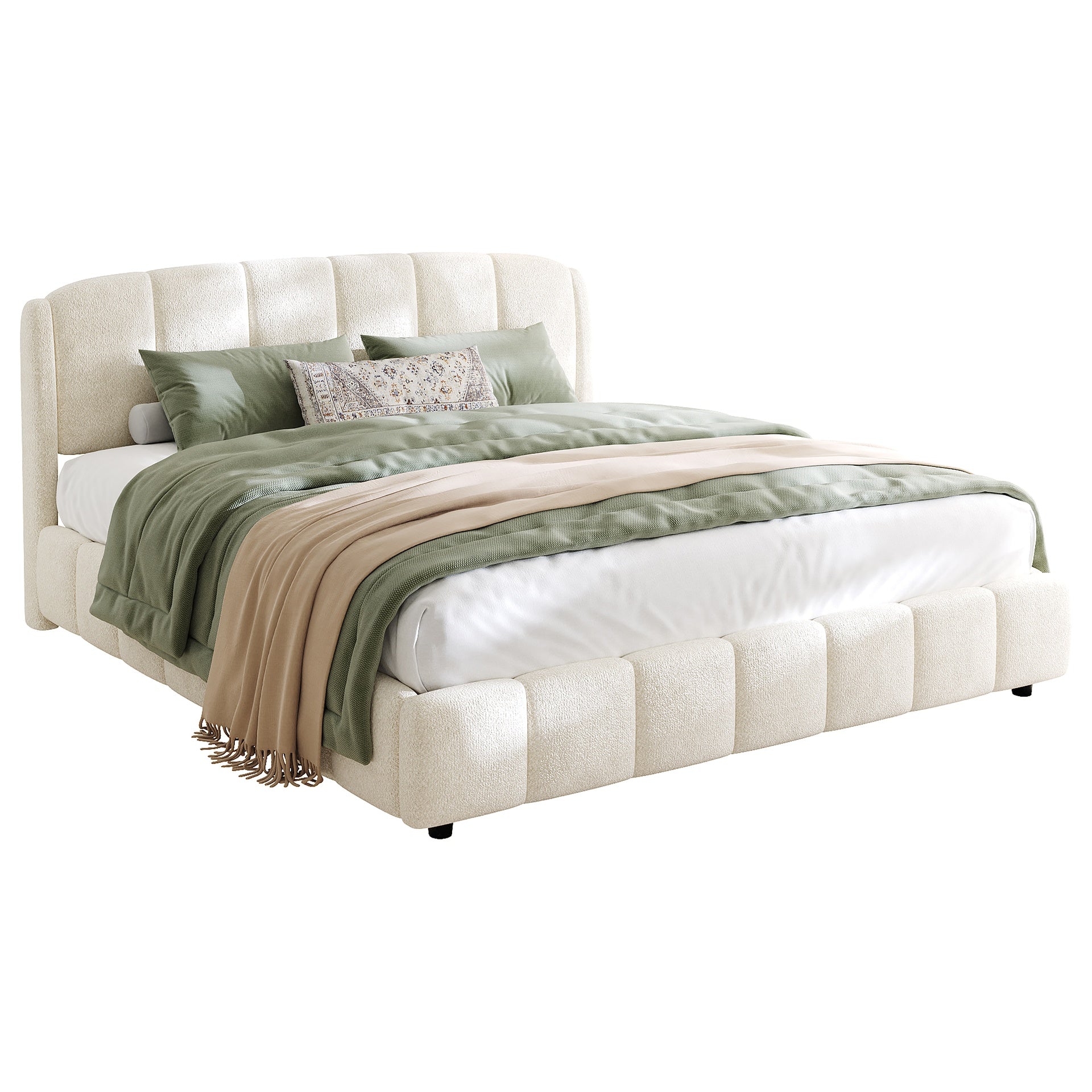 King Size Platform Bed with Boucle, Soft Boucle Fabric Upholstered Platform bed with Curve-Shaped Design Headboard, Beige