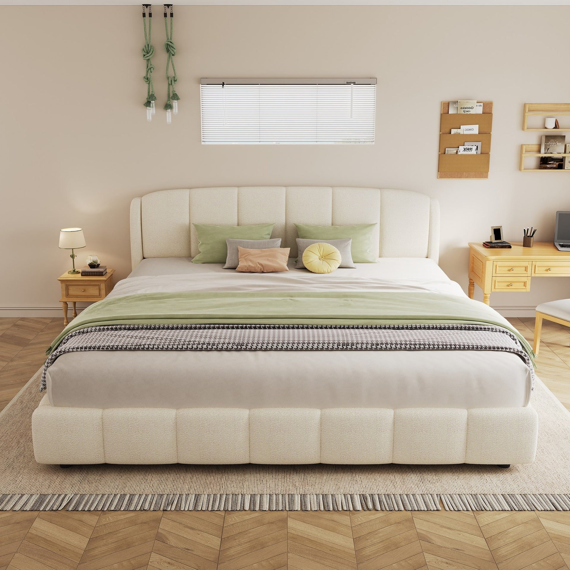 King Size Platform Bed with Boucle, Soft Boucle Fabric Upholstered Platform bed with Curve-Shaped Design Headboard, Beige