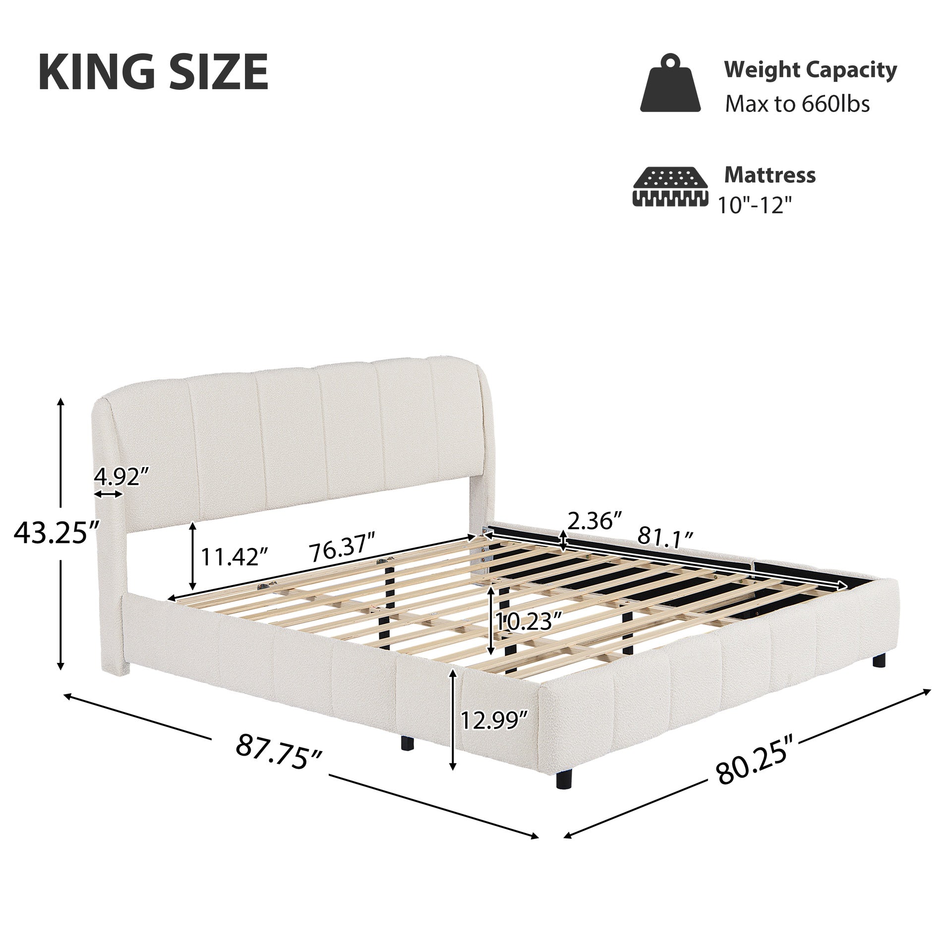 King Size Platform Bed with Boucle, Soft Boucle Fabric Upholstered Platform bed with Curve-Shaped Design Headboard, Beige