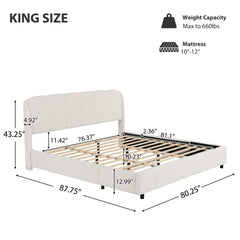 King Size Platform Bed with Boucle, Soft Boucle Fabric Upholstered Platform bed with Curve-Shaped Design Headboard, Beige