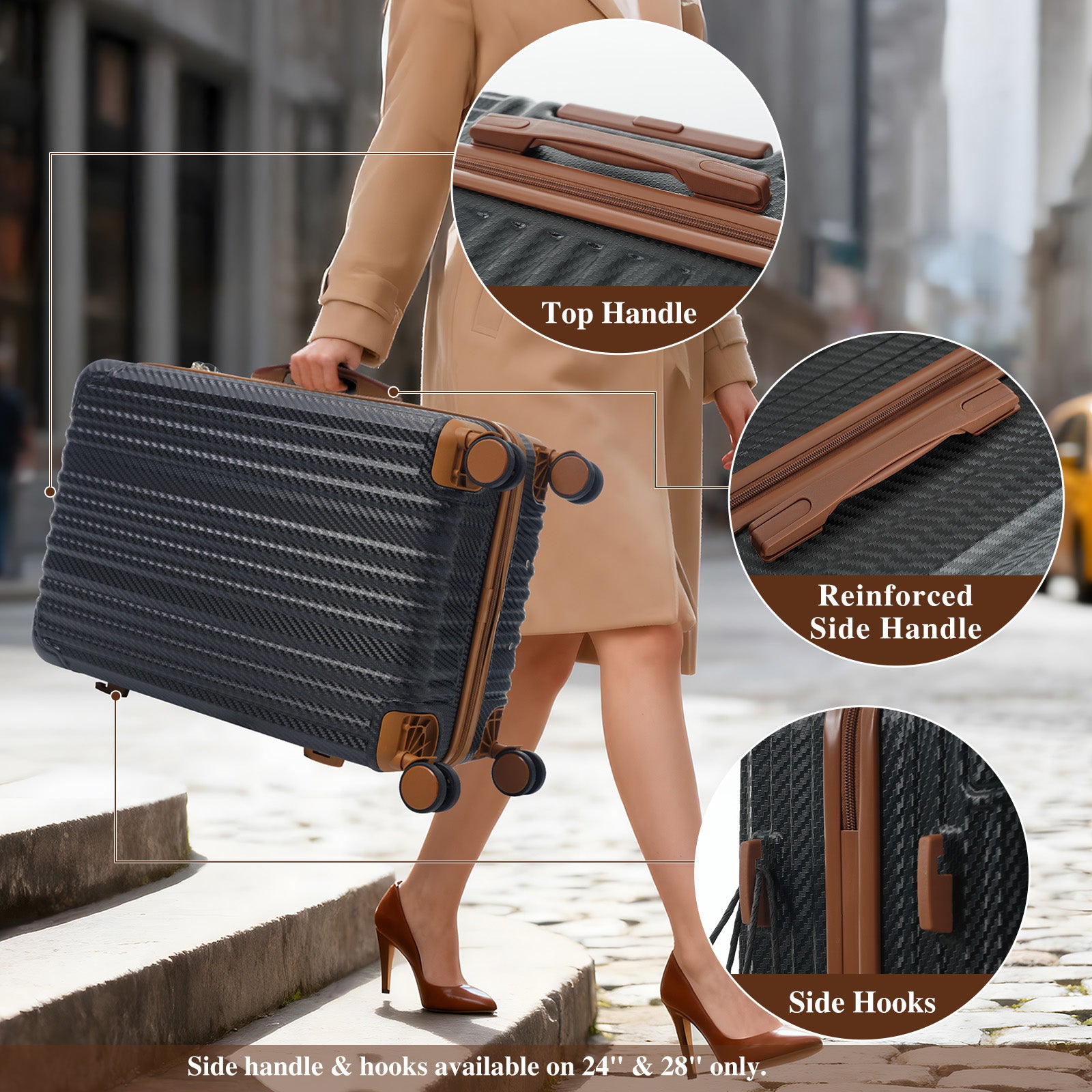 6-Piece Luggage Set, Durable Hardshell ABS Suitcase with Spinner Wheels, TSA Lock, Side Hooks, Lightweight Carry-On & Checked Luggage