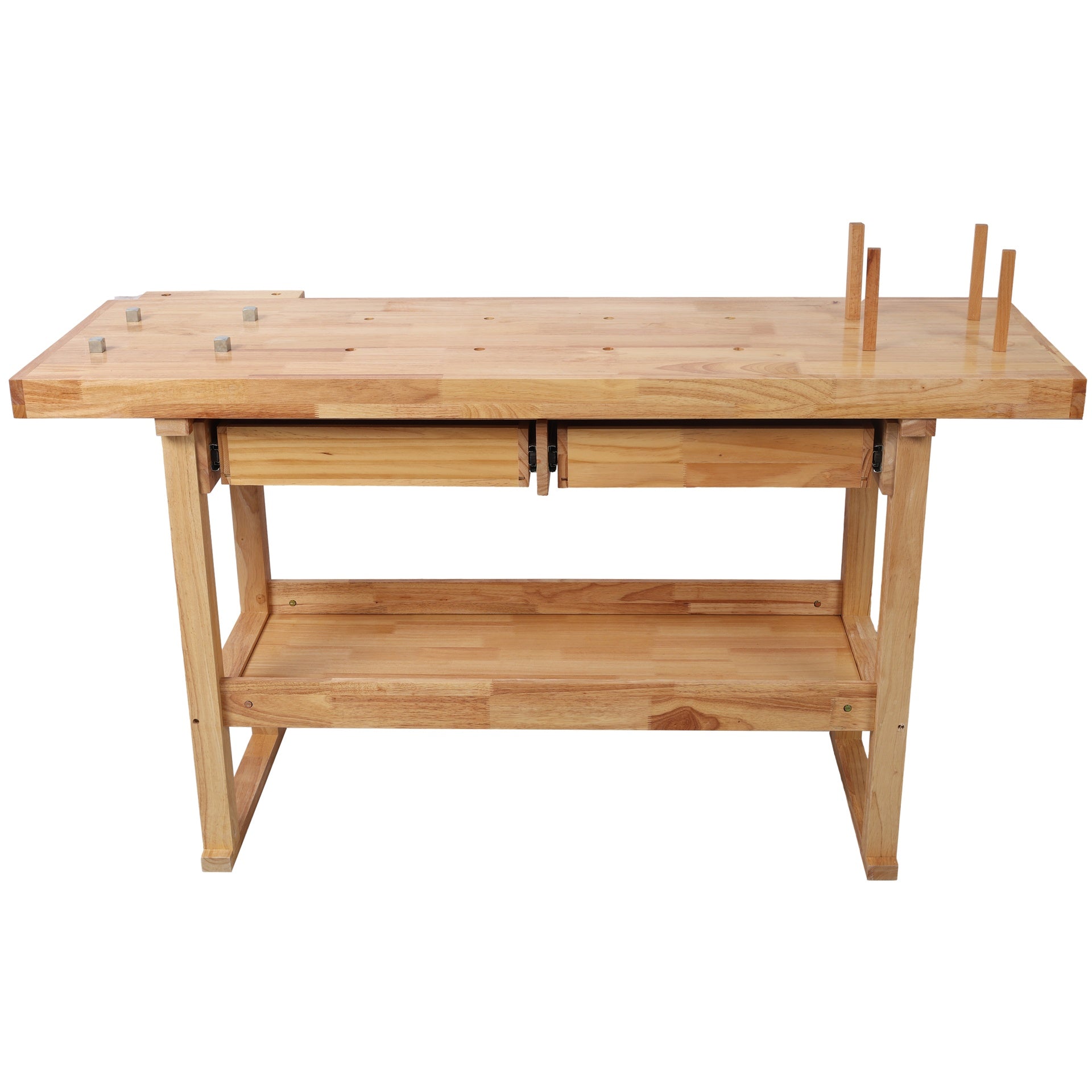 60" Professional Rubberwood Solid Wood Workbench-2 Drawers, Open Shelf, Natural Finish for Garage, Woodworking Carpenter Workshop & Home Use