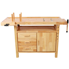 50" Professional Rubberwood Solid Wood Workbench-3 Drawers, 1 Cabinet Door & Open Shelf, Natural Finish for Garage, Woodworking Carpenter Workshop & Home Use