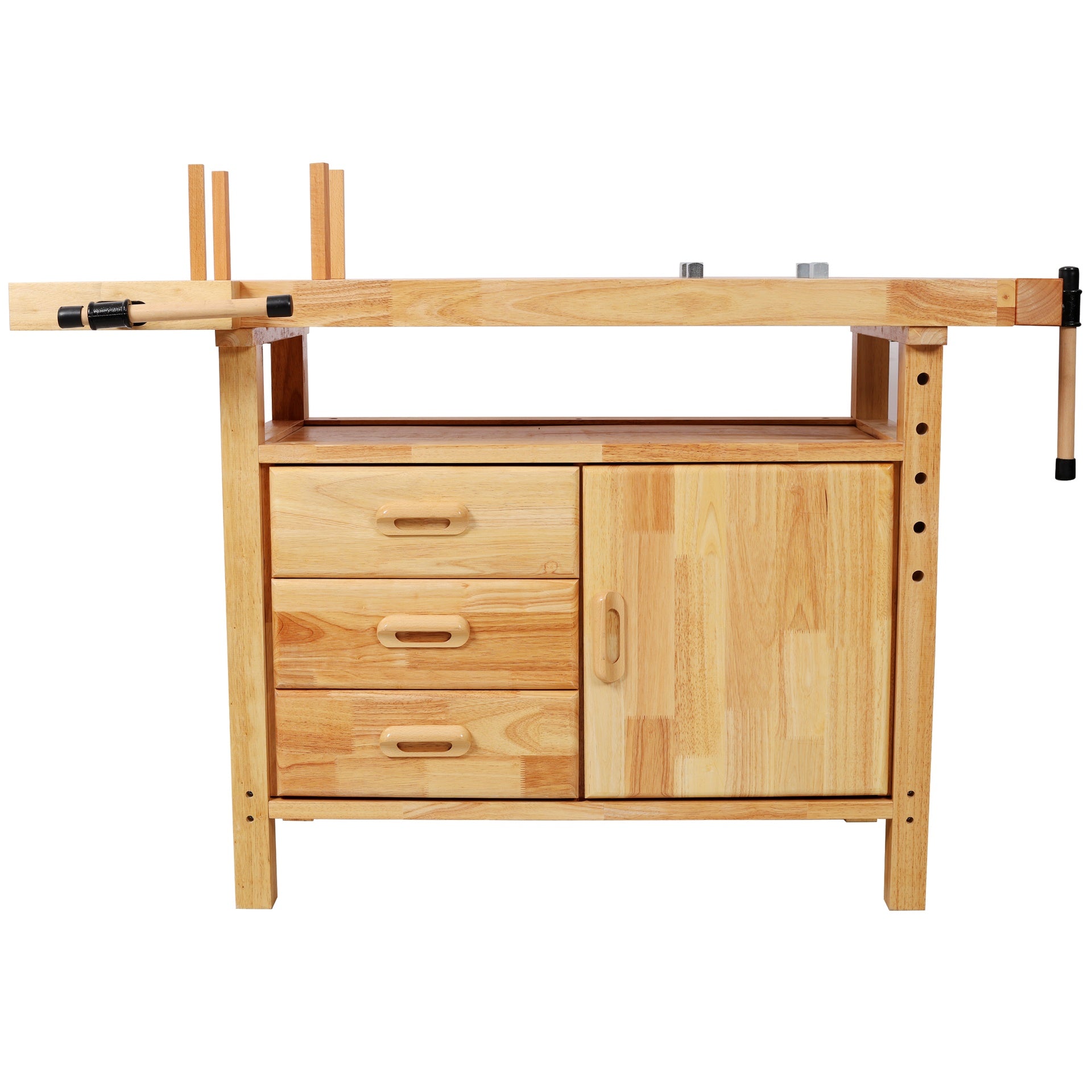 50" Professional Rubberwood Solid Wood Workbench-3 Drawers, 1 Cabinet Door & Open Shelf, Natural Finish for Garage, Woodworking Carpenter Workshop & Home Use
