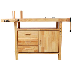 50" Professional Rubberwood Solid Wood Workbench-3 Drawers, 1 Cabinet Door & Open Shelf, Natural Finish for Garage, Woodworking Carpenter Workshop & Home Use