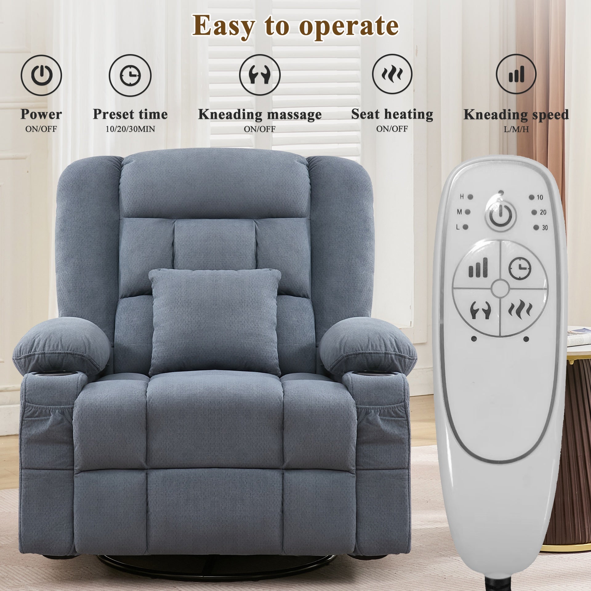 Kneading Massage Rocker Recliner Chair with 4-Point 3D Kneading Massage and Heat for Living Room with Rocking Function and 2 Cup Holders, USB Charge Port