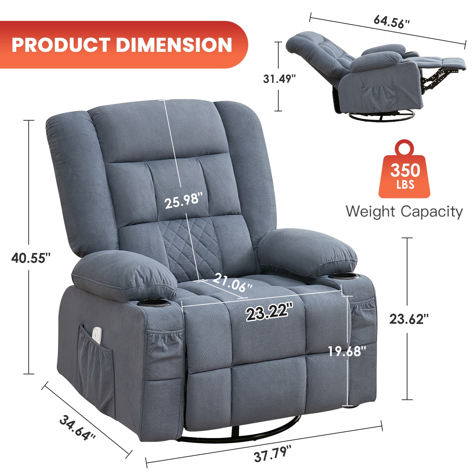 Kneading Massage Rocker Recliner Chair with 4-Point 3D Kneading Massage and Heat for Living Room with Rocking Function and 2 Cup Holders, USB Charge Port