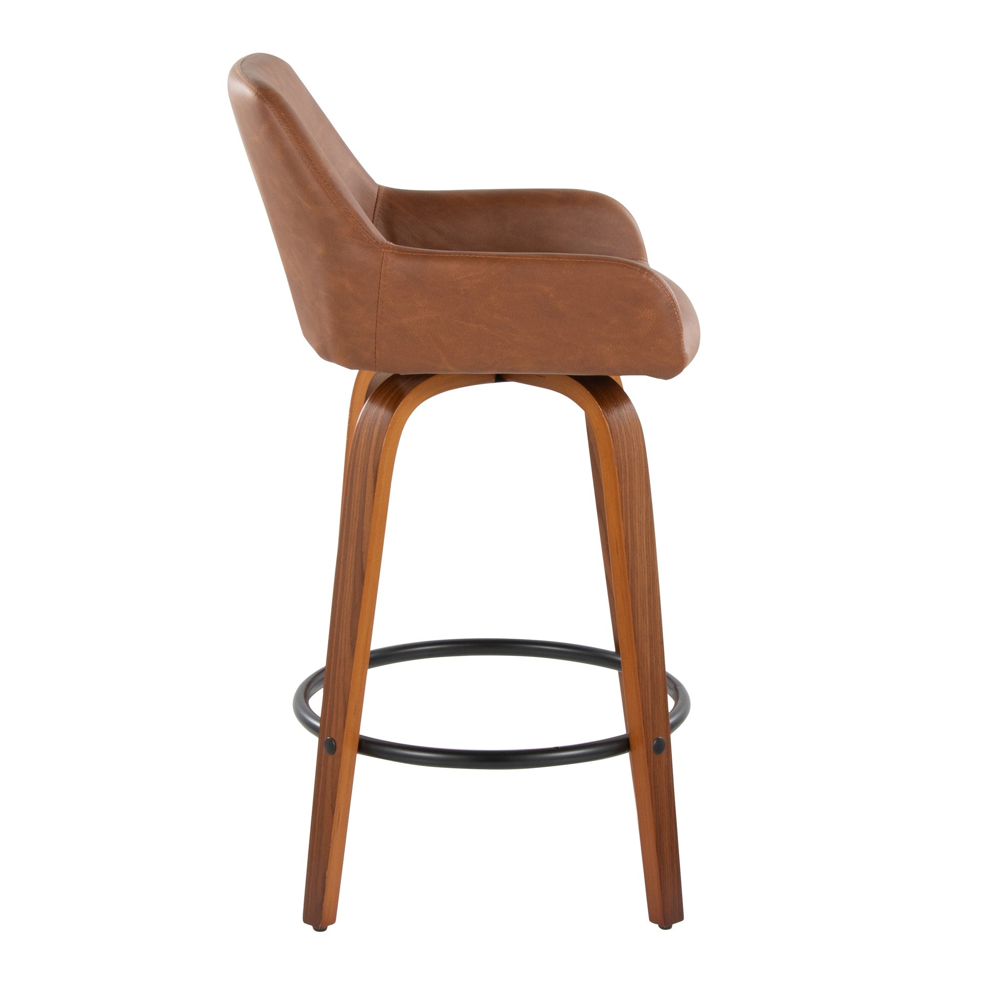 Daniella 26" Contemporary Fixed-Height Counter Stool with Swivel in Walnut Wood and Camel Faux Leather with Round Black Metal Footrest by LumiSource - Set of 2