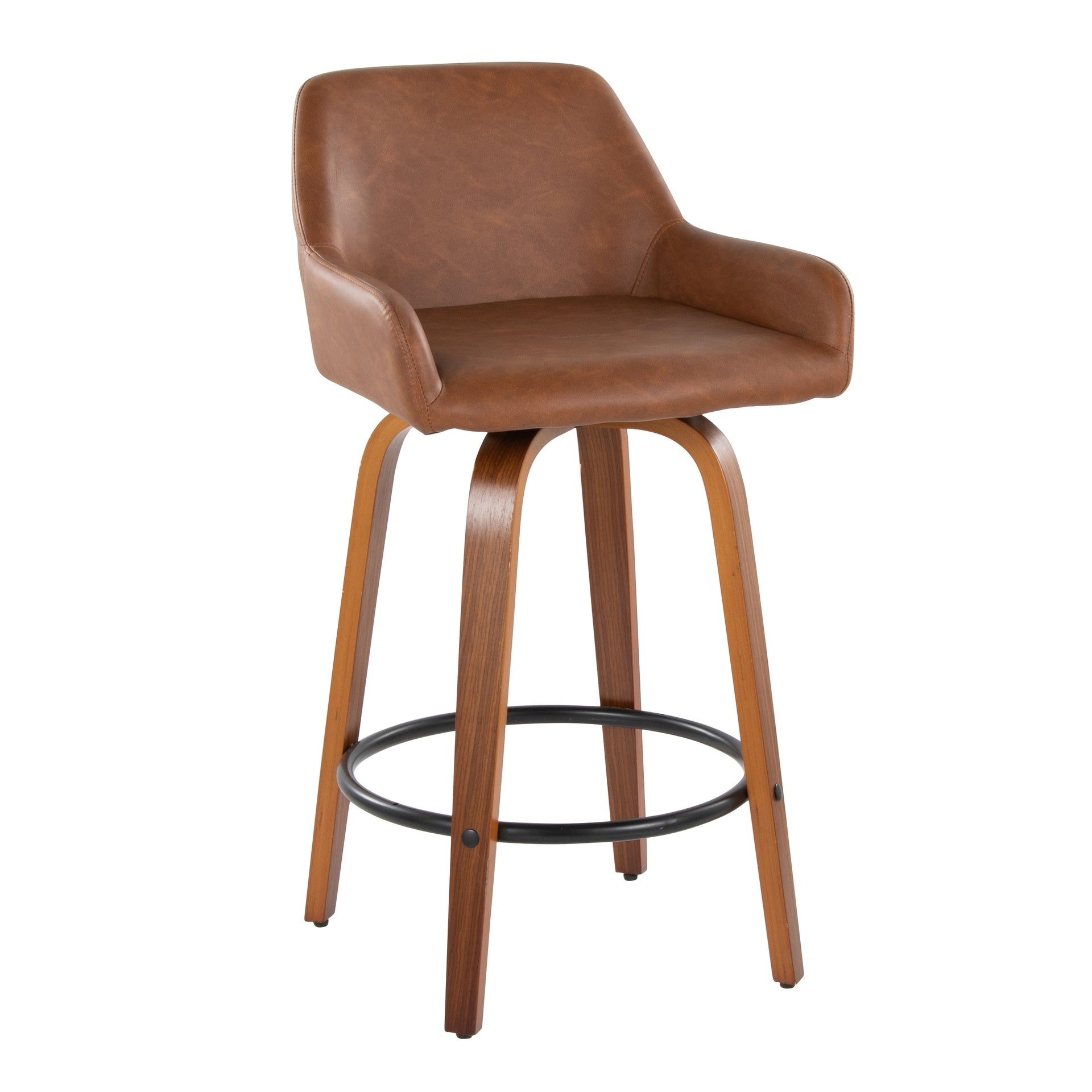 Daniella 26" Contemporary Fixed-Height Counter Stool with Swivel in Walnut Wood and Camel Faux Leather with Round Black Metal Footrest by LumiSource - Set of 2