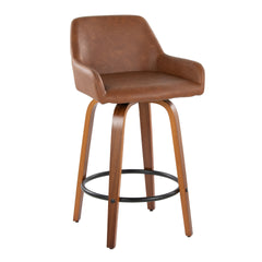 Daniella 26" Contemporary Fixed-Height Counter Stool with Swivel in Walnut Wood and Camel Faux Leather with Round Black Metal Footrest by LumiSource - Set of 2