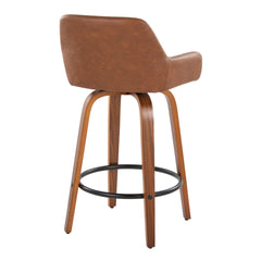 Daniella 26" Contemporary Fixed-Height Counter Stool with Swivel in Walnut Wood and Camel Faux Leather with Round Black Metal Footrest by LumiSource - Set of 2