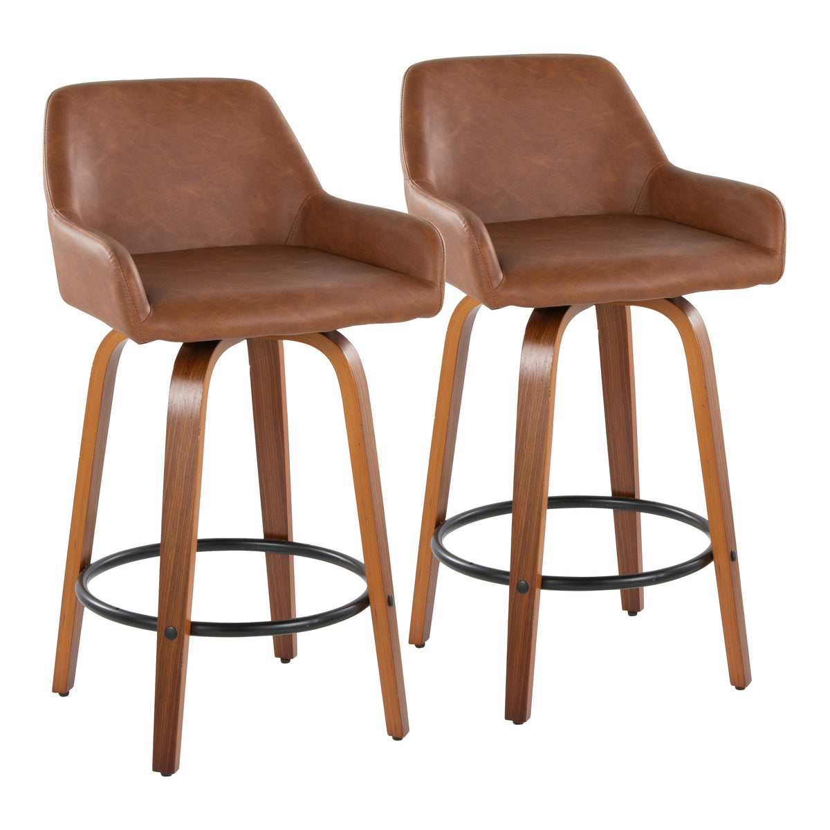 Daniella 26" Contemporary Fixed-Height Counter Stool with Swivel in Walnut Wood and Camel Faux Leather with Round Black Metal Footrest by LumiSource - Set of 2