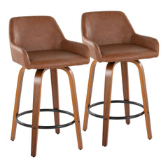 Daniella 26" Contemporary Fixed-Height Counter Stool with Swivel in Walnut Wood and Camel Faux Leather with Round Black Metal Footrest by LumiSource - Set of 2