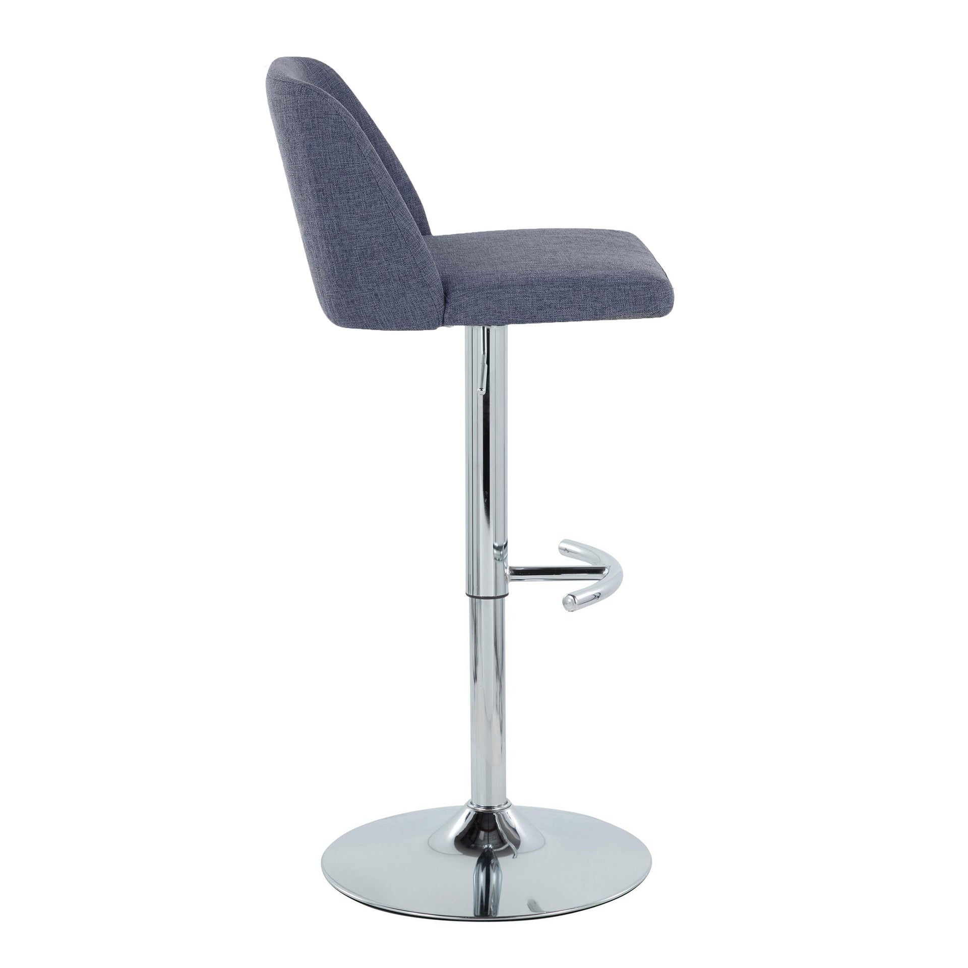 Toriano Contemporary Adjustable Barstool with Swivel in Blue Fabric and Chrome Metal with Rounded T Footrest by LumiSource - Set of 2