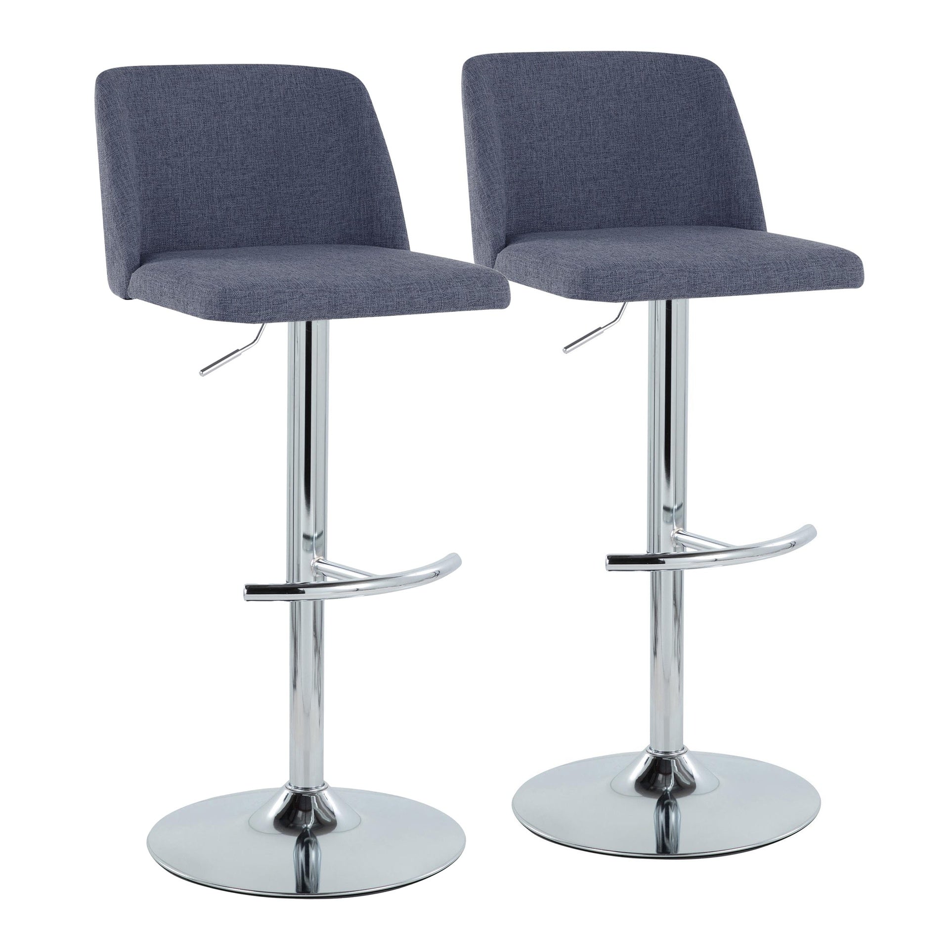 Toriano Contemporary Adjustable Barstool with Swivel in Blue Fabric and Chrome Metal with Rounded T Footrest by LumiSource - Set of 2