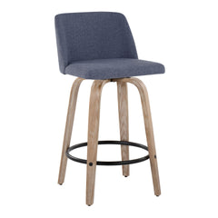 Toriano 26" Contemporary Fixed-Height Counter Stool with Swivel in Whitewashed Wood and Blue Fabric with Round Black Metal Footrest by LumiSource - Set of 2