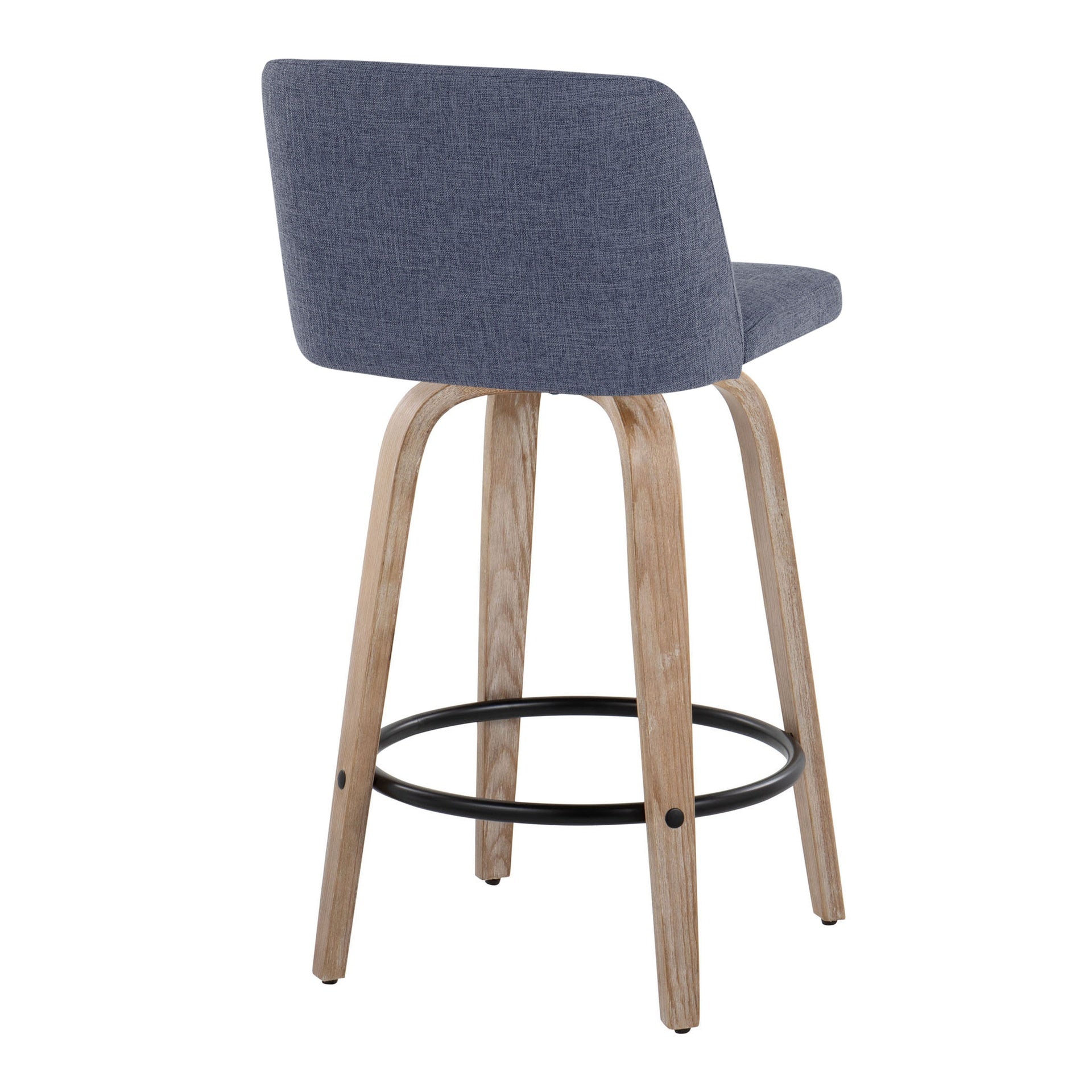 Toriano 26" Contemporary Fixed-Height Counter Stool with Swivel in Whitewashed Wood and Blue Fabric with Round Black Metal Footrest by LumiSource - Set of 2